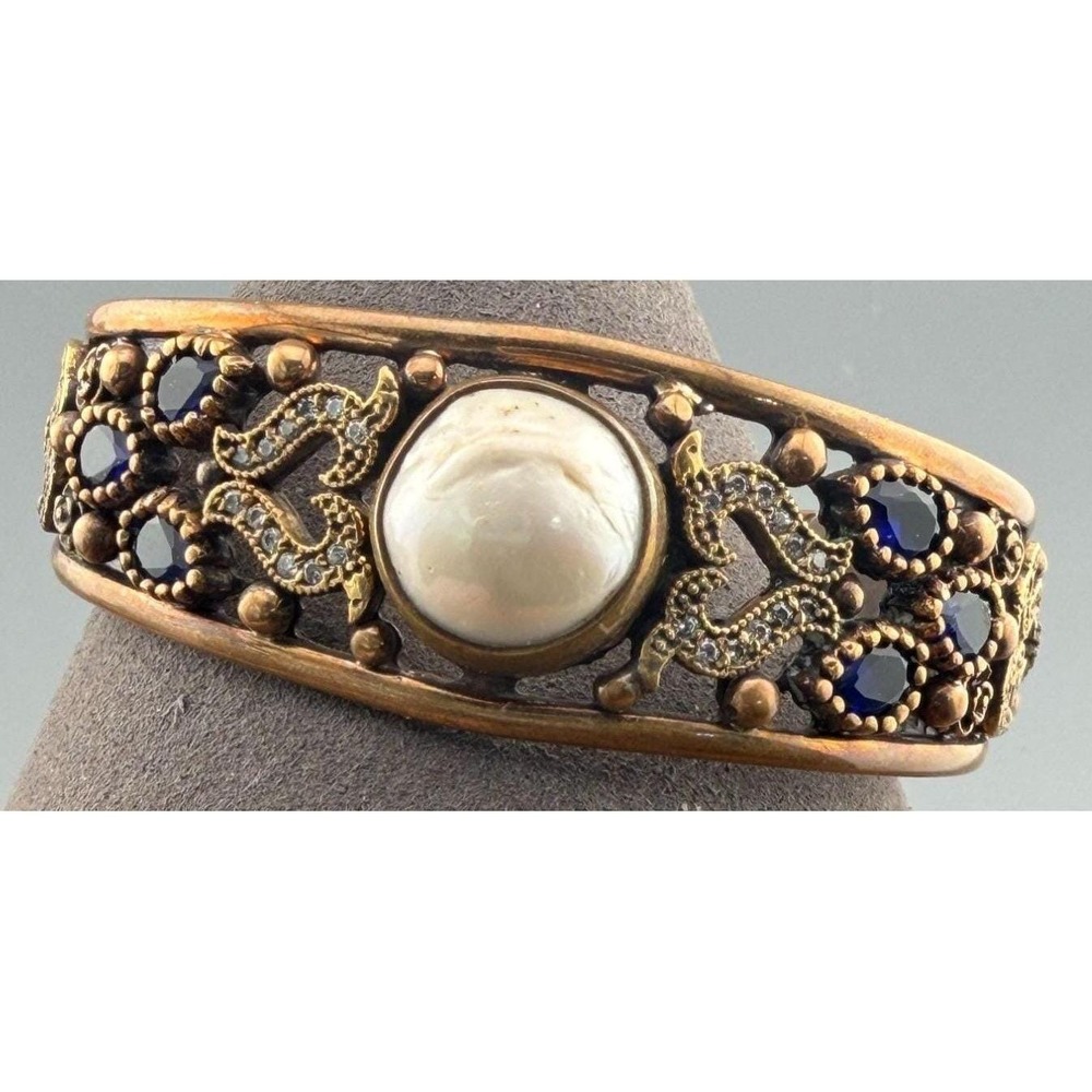Vintage Cuff Bracelet Sterling Silver Brass Overlay Crystals White Stone 44.3g